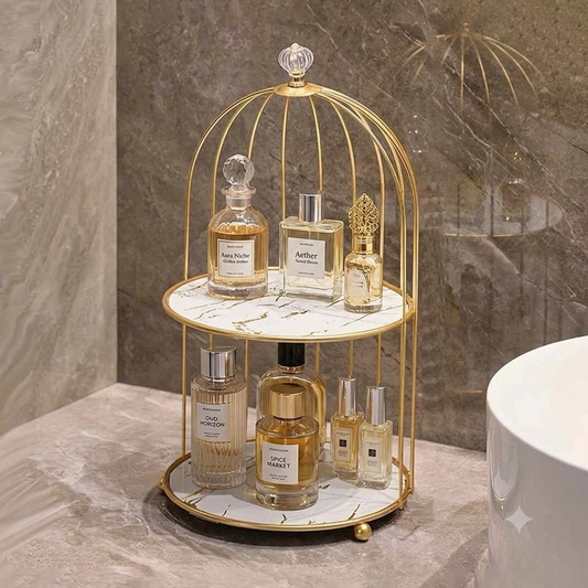 Luxury Gold Birdcage Marble Display Stand | 2-Tier Vanity Organizer & Home Decor