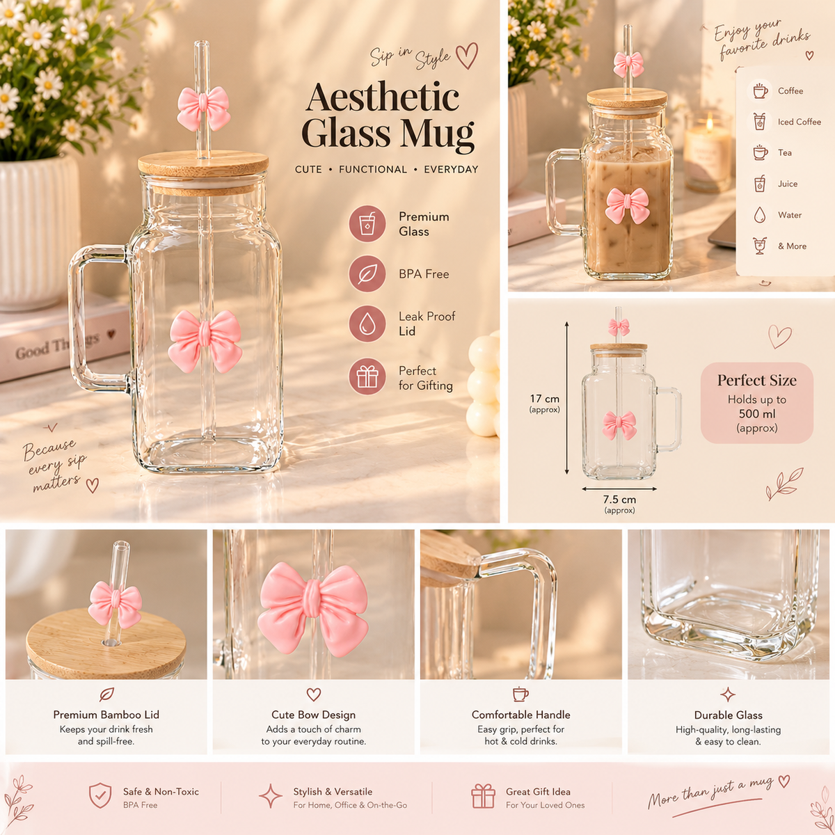 Pink Bow Glass Coffee Mug with Bamboo Lid & Glass Straw | Aesthetic Coffee Cup