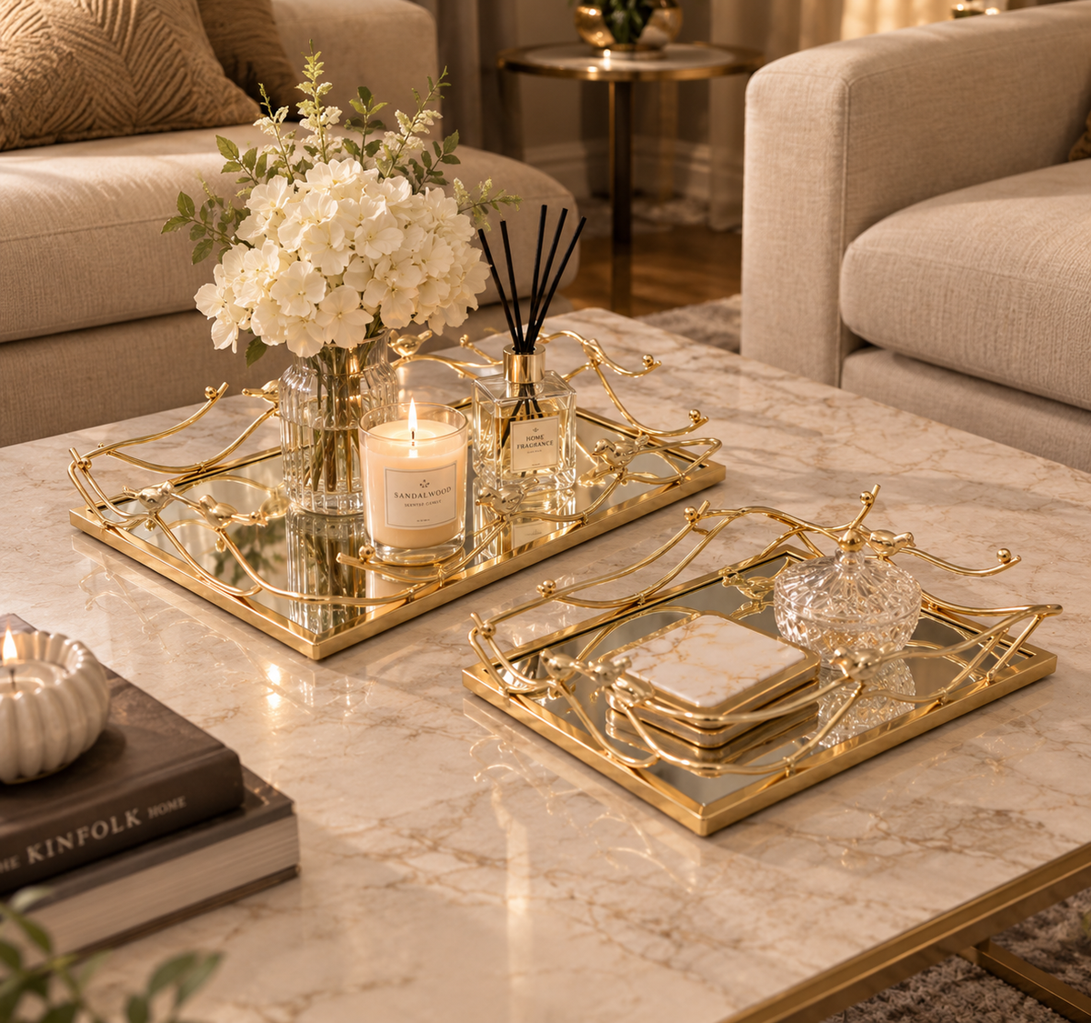 Luxury Gold Mirrored Decorative Tray Set of 2 | Elegant Bird & Branch Design | Vanity, Coffee Table & Home Décor Trays