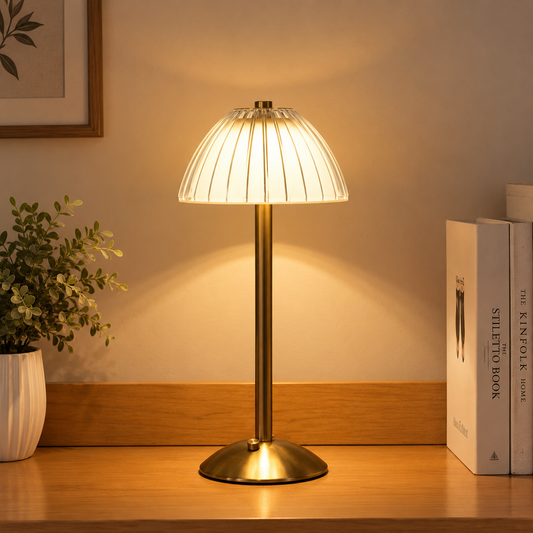 Modern Brass Table Lamp with Ribbed Glass Shade – Elegant Bedside Lamp for Bedroom, Living Room & Home Decor