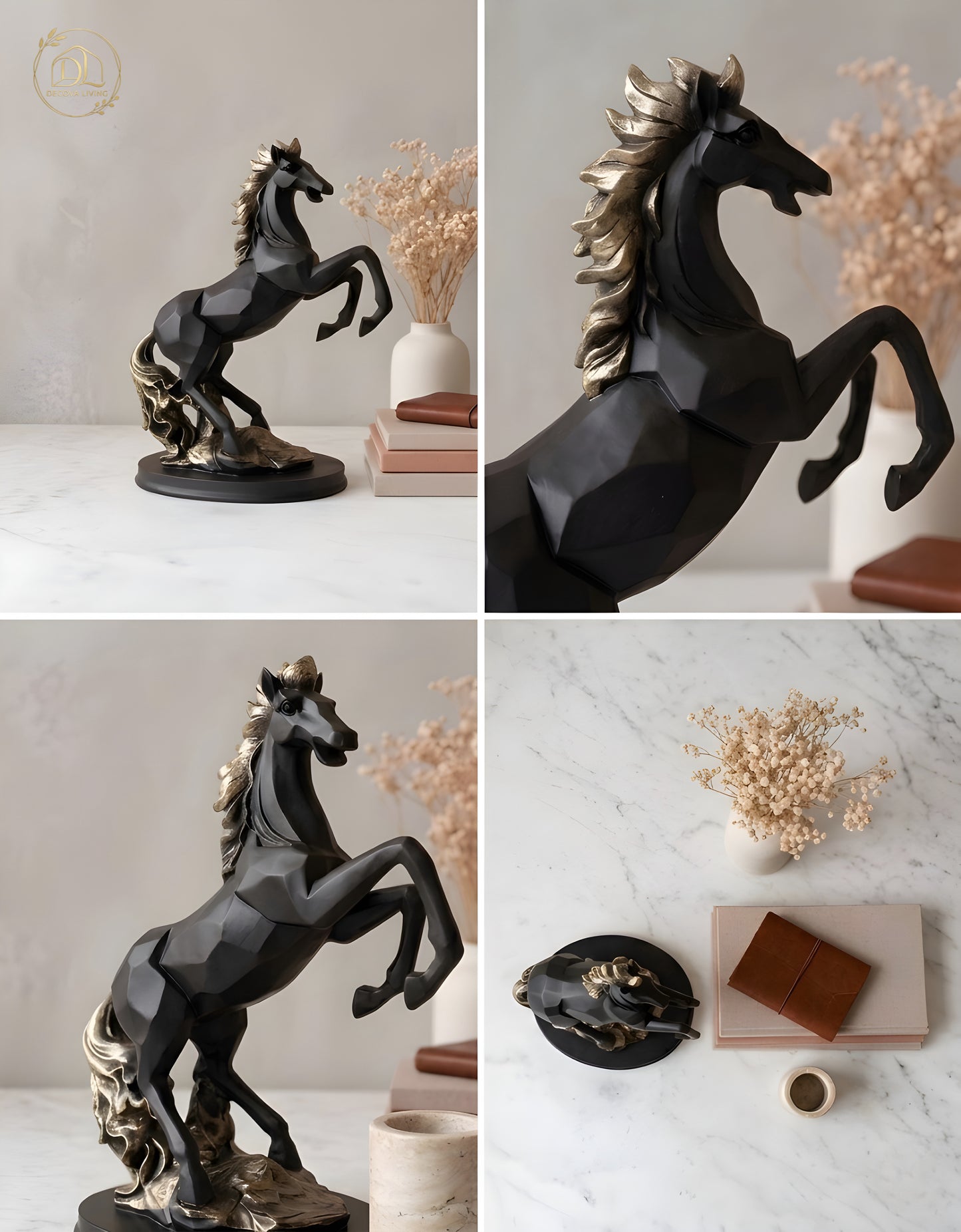 Luxury Rearing Horse Statue – Modern Black & Gold Sculpture for Home Decor, Living Room Tabletop Accent
