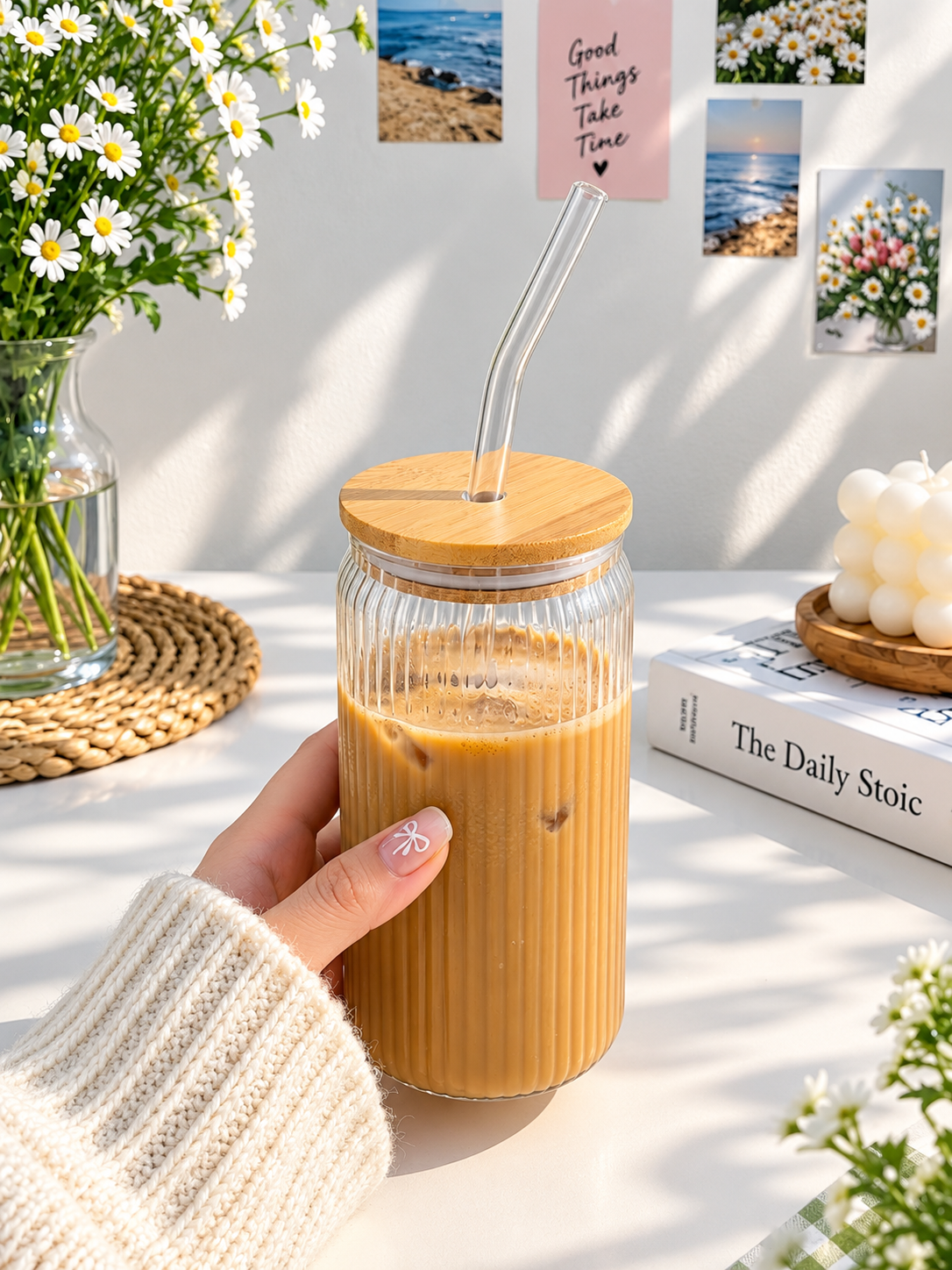 Ribbed Glass Coffee Mug with Bamboo Lid & Glass Straw – Aesthetic Iced Coffee Cup