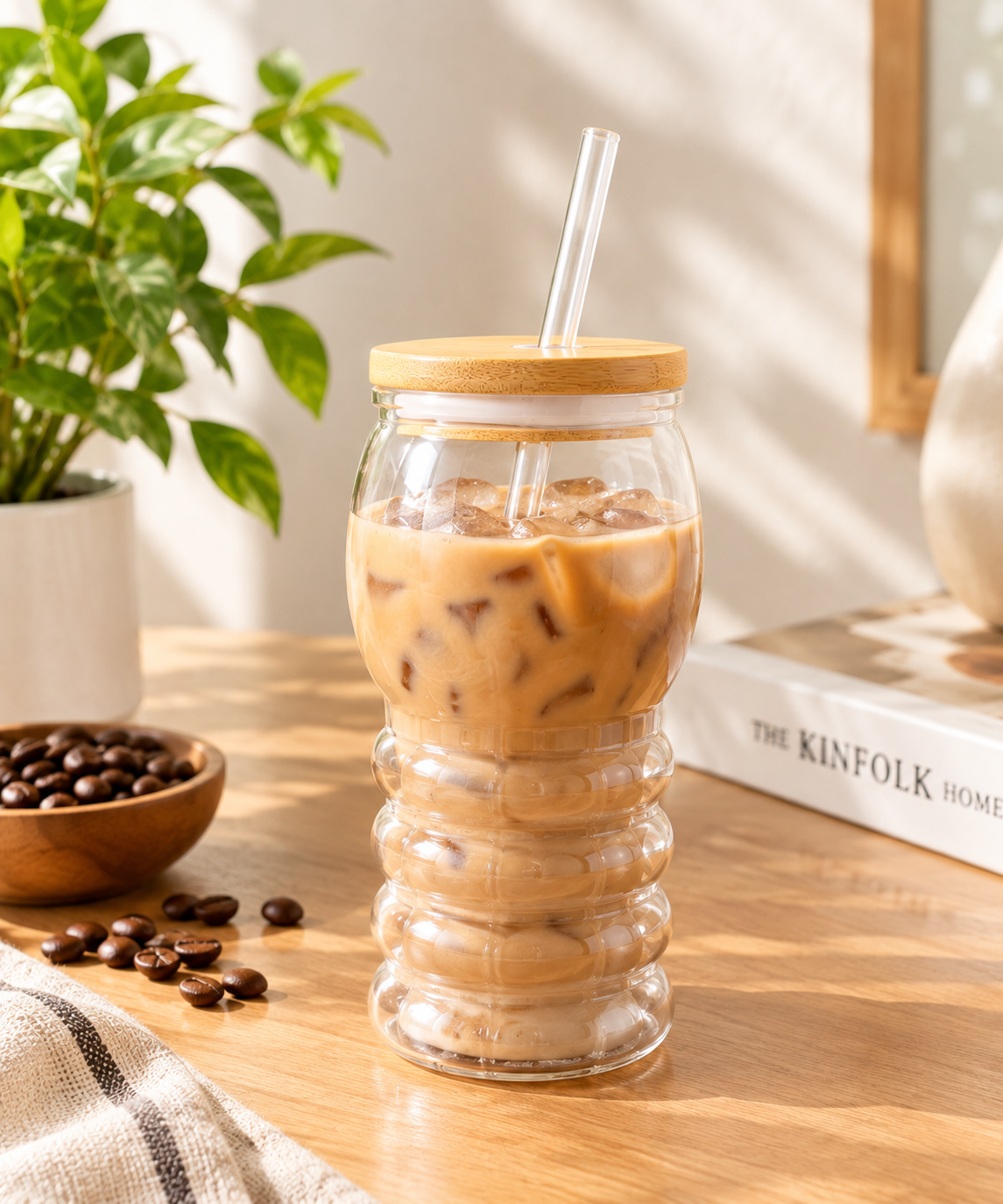 Fluted Glass Cup with Bamboo Lid & Straw | Aesthetic Iced Coffee Tumbler for Cold Drinks