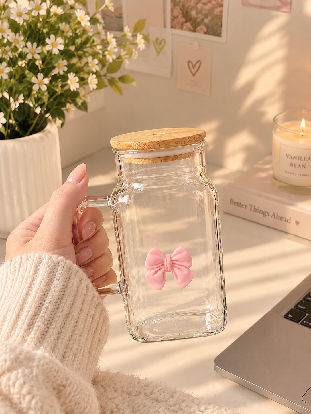 Pink Bow Glass Coffee Mug with Bamboo Lid & Glass Straw | Aesthetic Coffee Cup