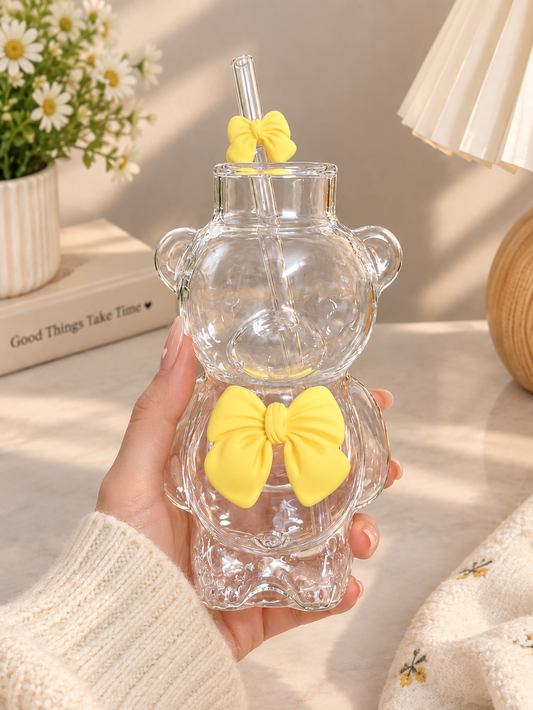 Teddy Bear Glass Cup with Straw & Bow – Cute Aesthetic Iced Coffee Tumbler for Girls