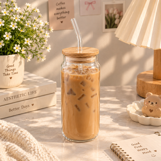 Aesthetic Glass Coffee Mug with Bamboo Lid & Glass Straw