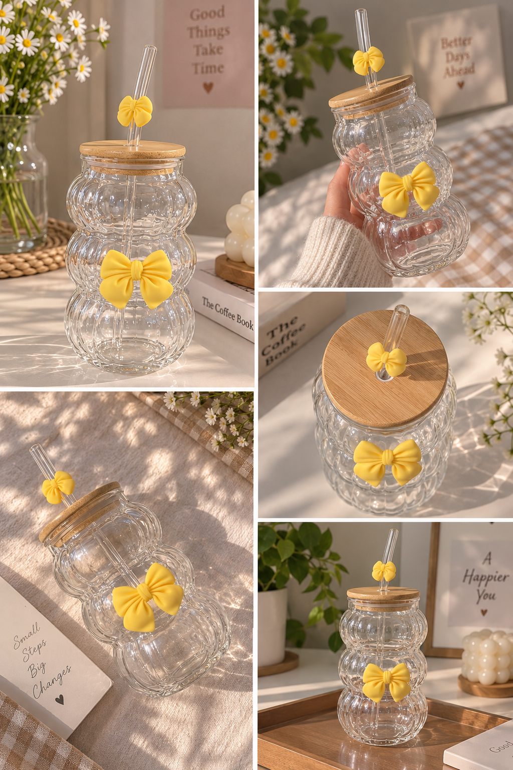 Yellow Bow Glass Coffee Mug with Bamboo Lid & Straw | Aesthetic Ribbed Glass Cup, Cute Reusable Coffee Mug, Iced Coffee & Tea Cup