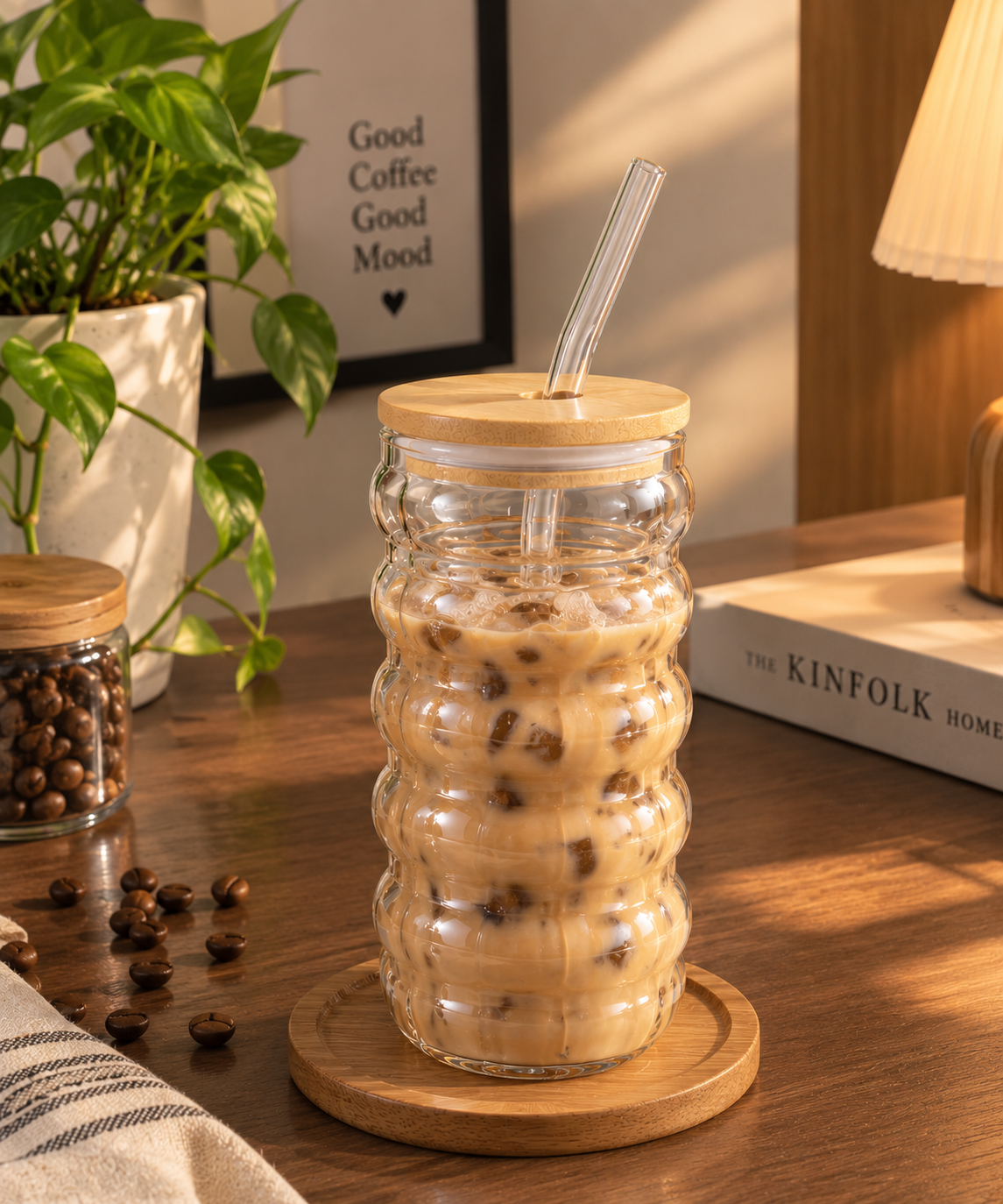 Bubble Glass Coffee Mug with Bamboo Lid & Glass Straw – Aesthetic Reusable Iced Coffee Cup ☕🌿