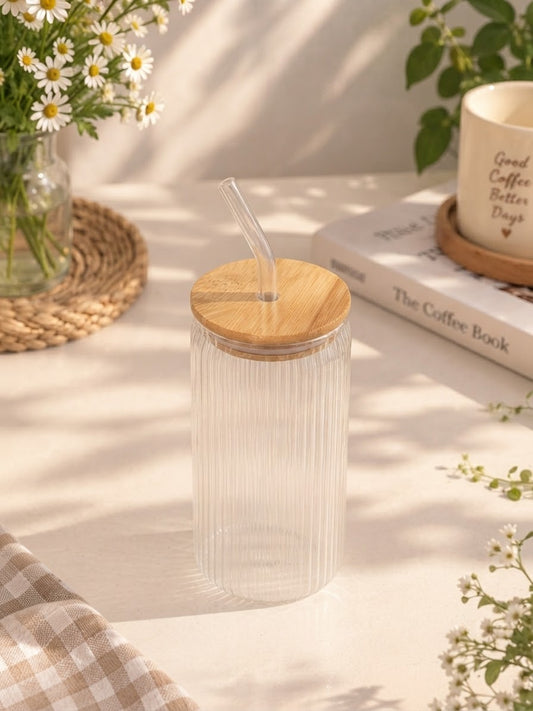 Ribbed Glass Coffee Mug with Bamboo Lid & Glass Straw – Aesthetic Iced Coffee Cup