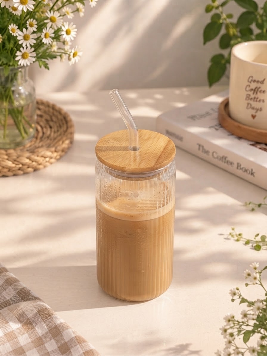 Ribbed Glass Coffee Mug with Bamboo Lid & Glass Straw – Aesthetic Iced Coffee Cup