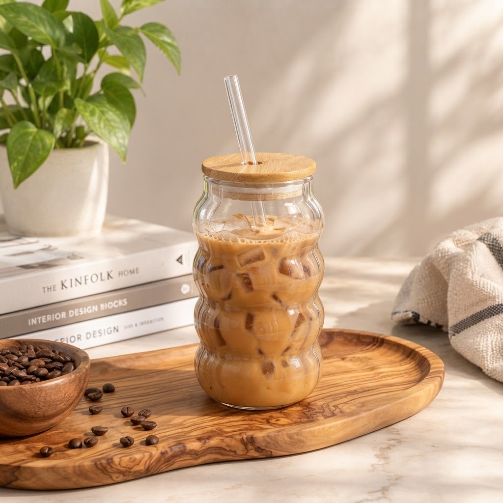 Bubble Shape Glass Tumbler with Bamboo Lid & Glass Straw – Aesthetic Iced Coffee Cup