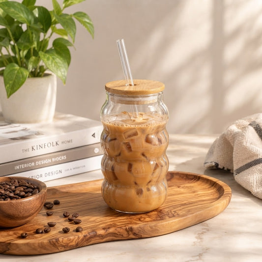 Bubble Shape Glass Tumbler with Bamboo Lid & Glass Straw – Aesthetic Iced Coffee Cup