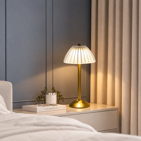 Modern Brass Table Lamp with Ribbed Glass Shade – Elegant Bedside Lamp for Bedroom, Living Room & Home Decor