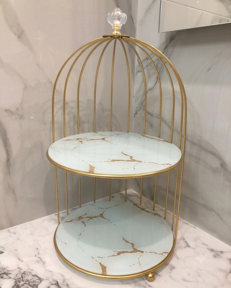 Luxury Gold Birdcage Marble Display Stand | 2-Tier Vanity Organizer & Home Decor