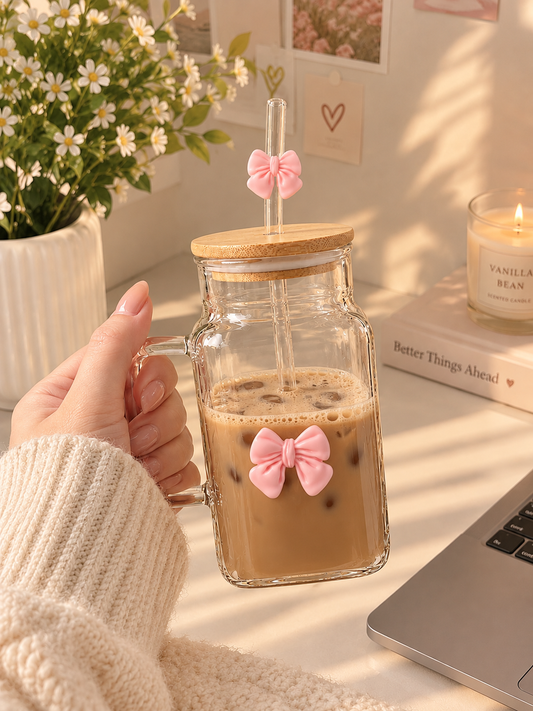 Pink Bow Glass Coffee Mug with Bamboo Lid & Glass Straw | Aesthetic Coffee Cup