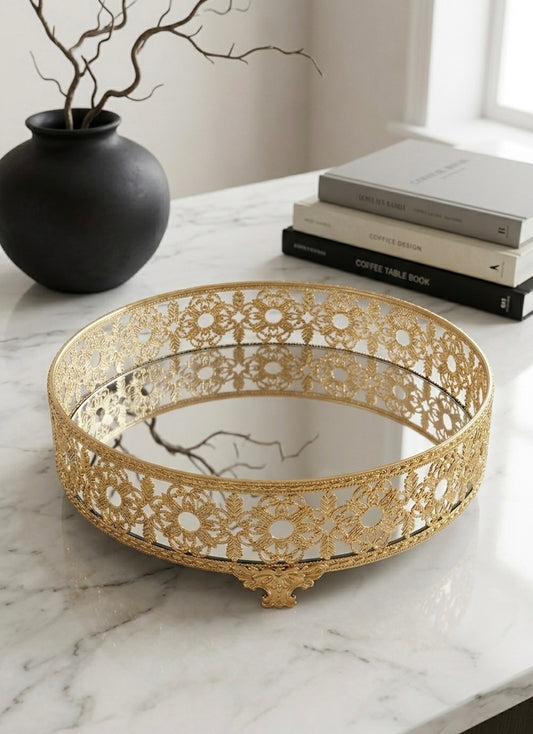 Luxury Gold Filigree Mirrored Decorative Tray | Vanity & Centerpiece Display Tray
