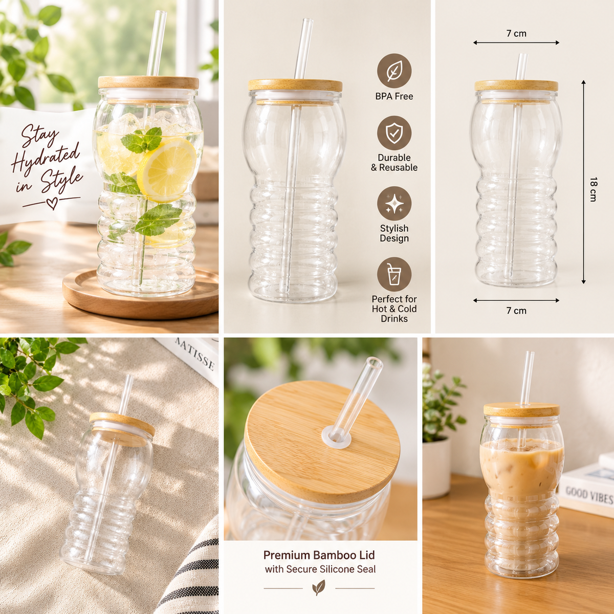 Fluted Glass Cup with Bamboo Lid & Straw | Aesthetic Iced Coffee Tumbler for Cold Drinks