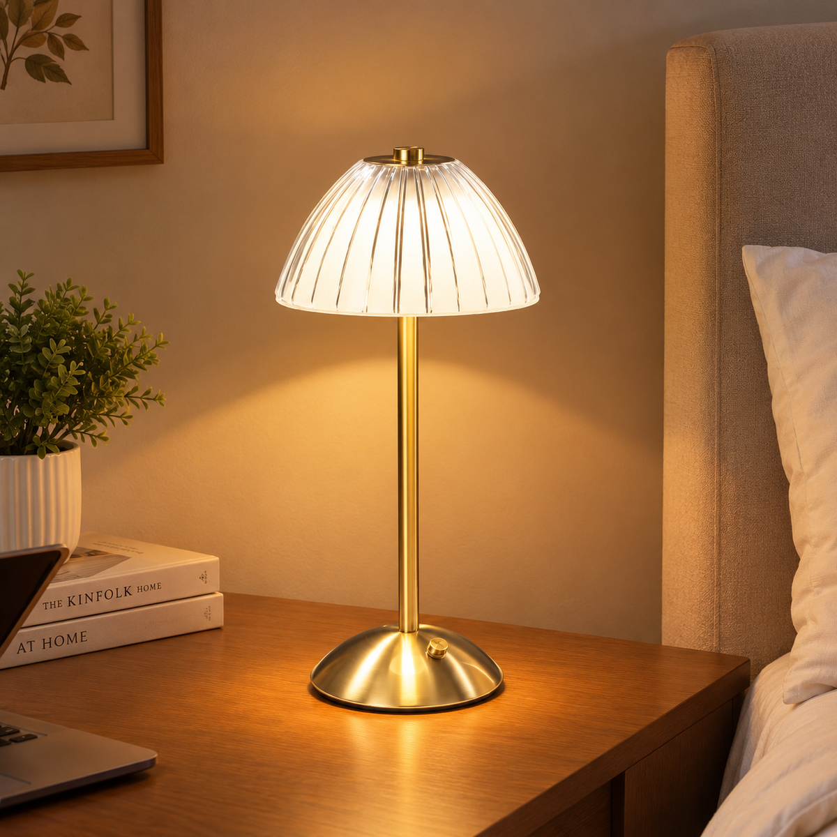 Modern Brass Table Lamp with Ribbed Glass Shade – Elegant Bedside Lamp for Bedroom, Living Room & Home Decor