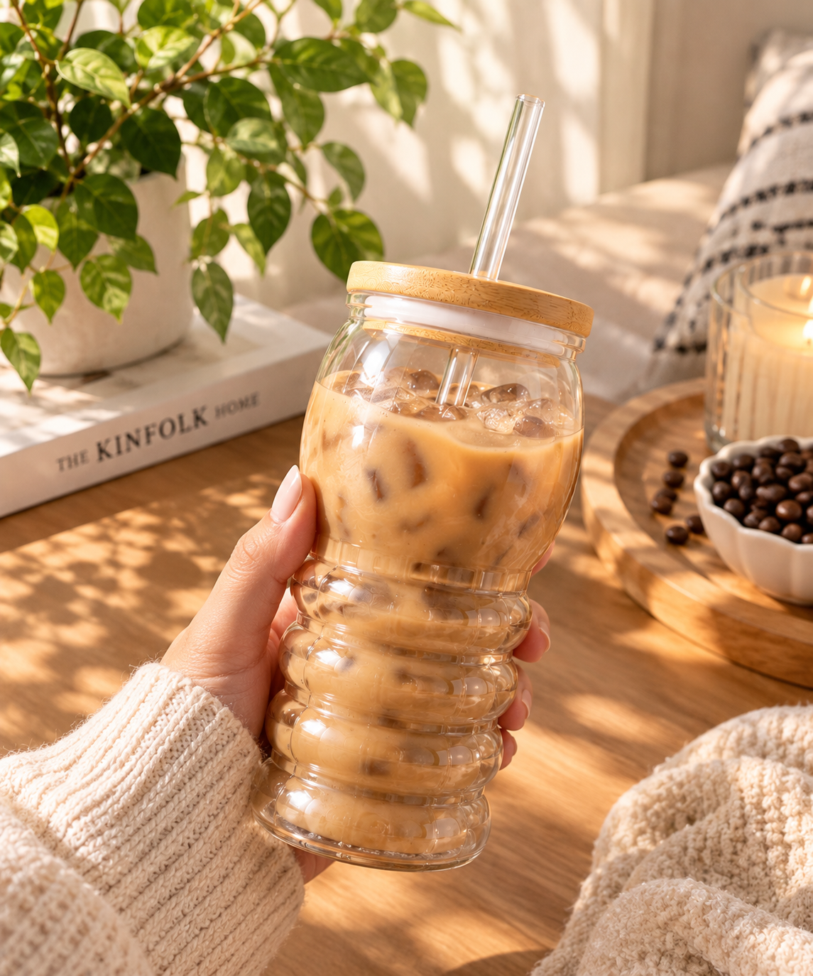 Fluted Glass Cup with Bamboo Lid & Straw | Aesthetic Iced Coffee Tumbler for Cold Drinks