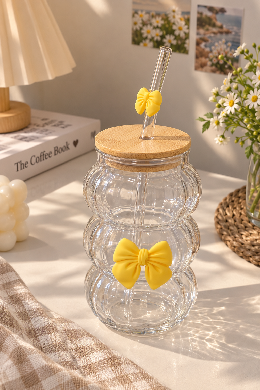 Yellow Bow Glass Coffee Mug with Bamboo Lid & Straw | Aesthetic Ribbed Glass Cup, Cute Reusable Coffee Mug, Iced Coffee & Tea Cup