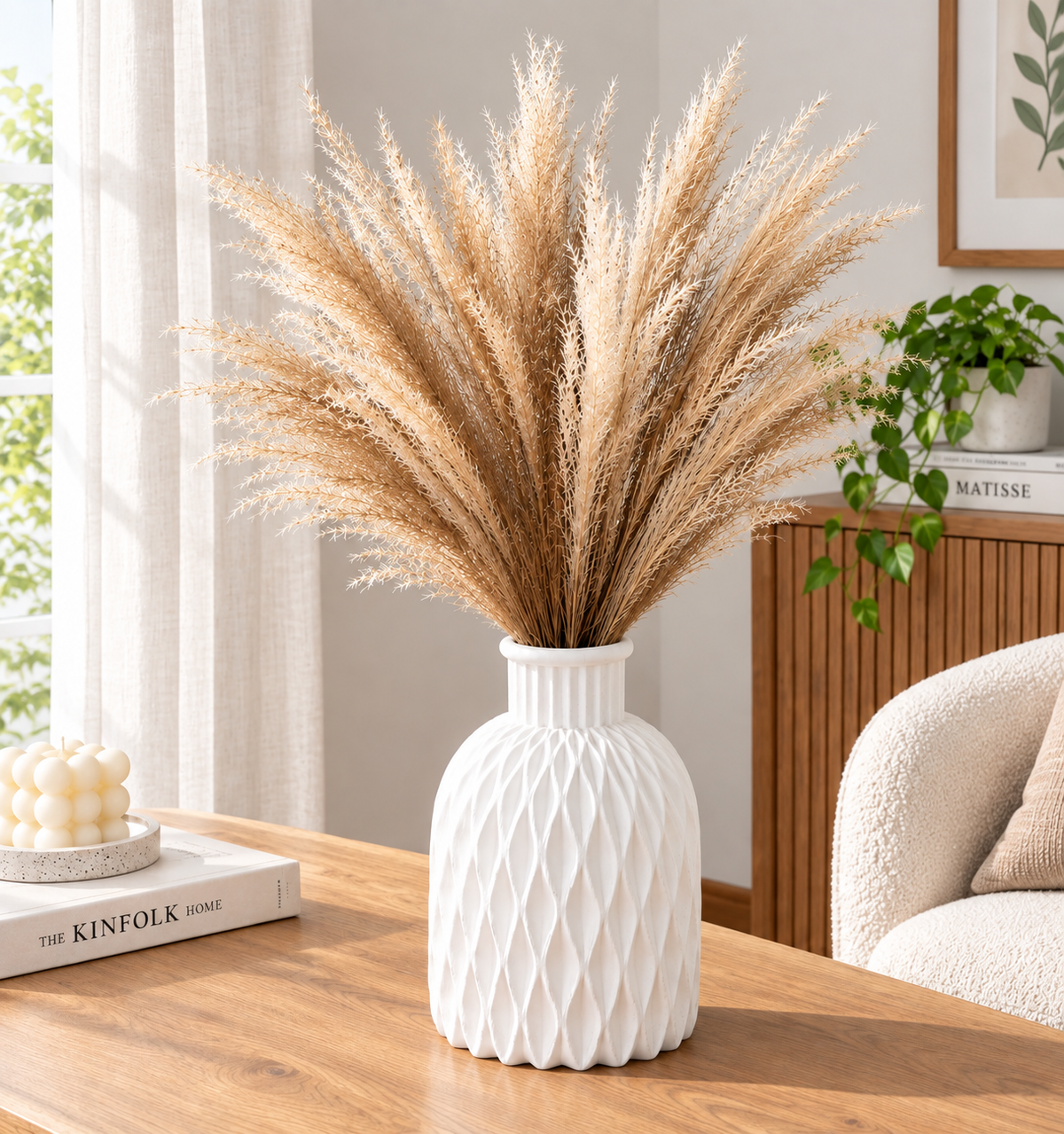 Textured White Plastic Vase – Elegant Ribbed Decorative Flower Vase for Home Decor