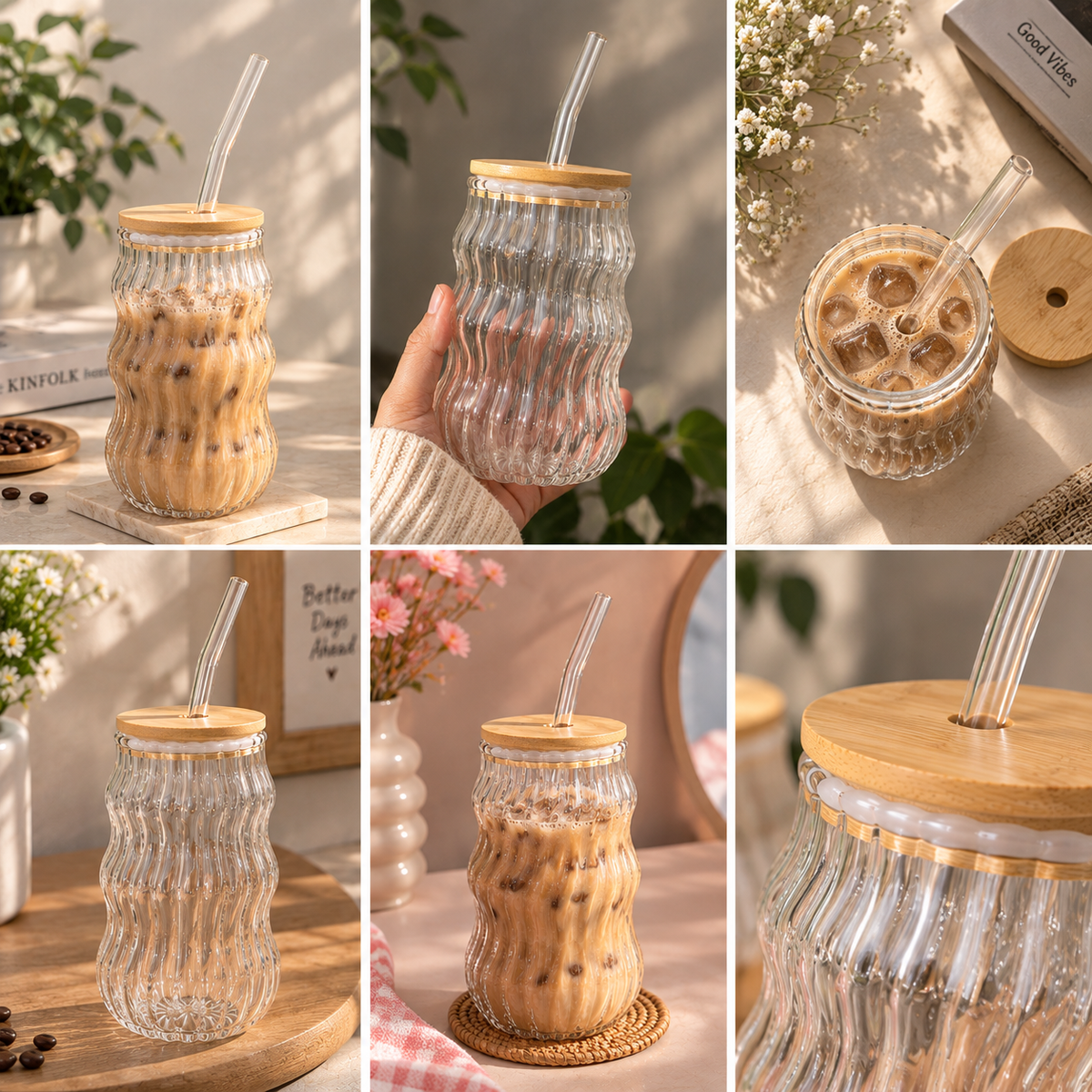 Wavy Ribbed Glass Coffee Mug with Bamboo Lid & Glass Straw – Aesthetic Iced Coffee Mug ☕✨