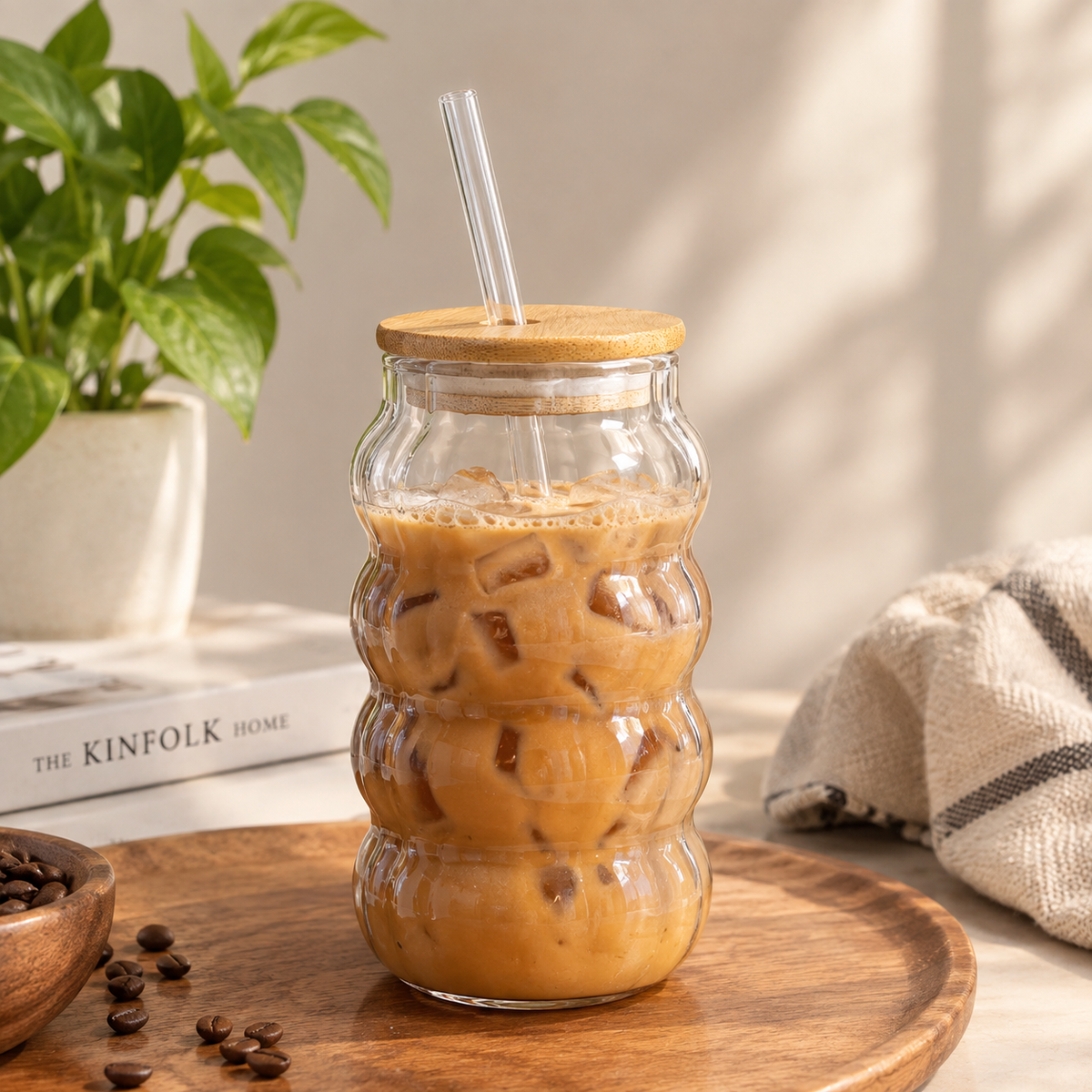 Bubble Shape Glass Tumbler with Bamboo Lid & Glass Straw – Aesthetic Iced Coffee Cup