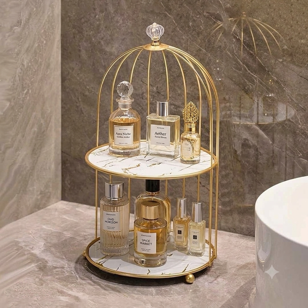 Luxury Gold Birdcage Marble Display Stand | 2-Tier Vanity Organizer & Home Decor