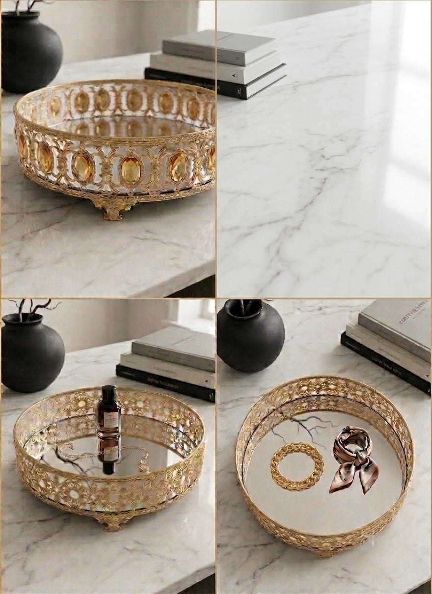 Elegant Gold Mirrored Tray – Filigree Design Luxury Serving Tray for Home & Table Styling