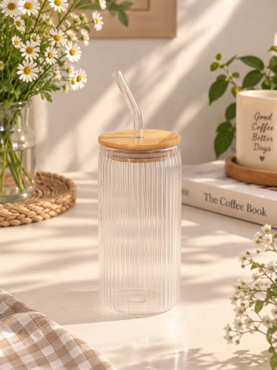 Ribbed Glass Coffee Mug with Bamboo Lid & Glass Straw – Aesthetic Iced Coffee Cup