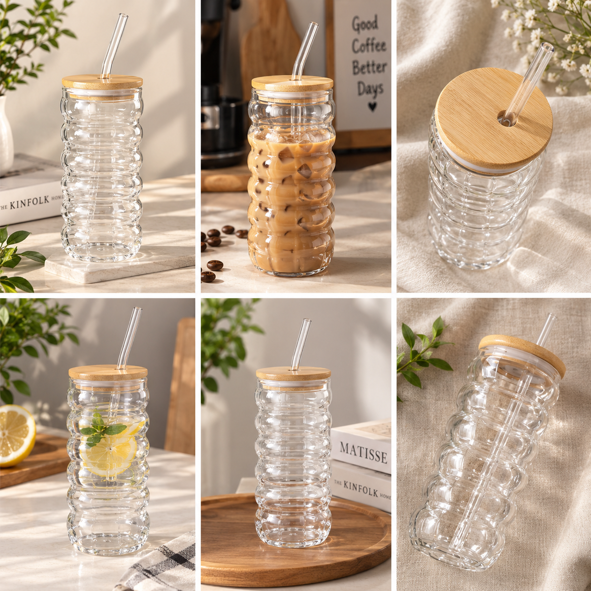 Bubble Glass Coffee Mug with Bamboo Lid & Glass Straw – Aesthetic Reusable Iced Coffee Cup ☕🌿