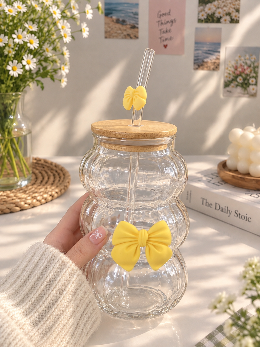 Yellow Bow Glass Coffee Mug with Bamboo Lid & Straw | Aesthetic Ribbed Glass Cup, Cute Reusable Coffee Mug, Iced Coffee & Tea Cup