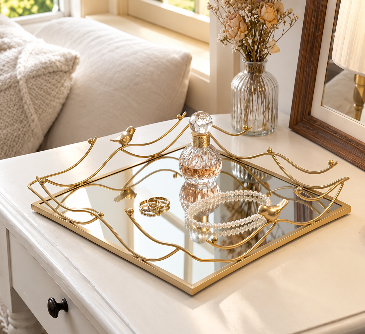 Luxury Gold Mirrored Decorative Tray Set of 2 | Elegant Bird & Branch Design | Vanity, Coffee Table & Home Décor Trays