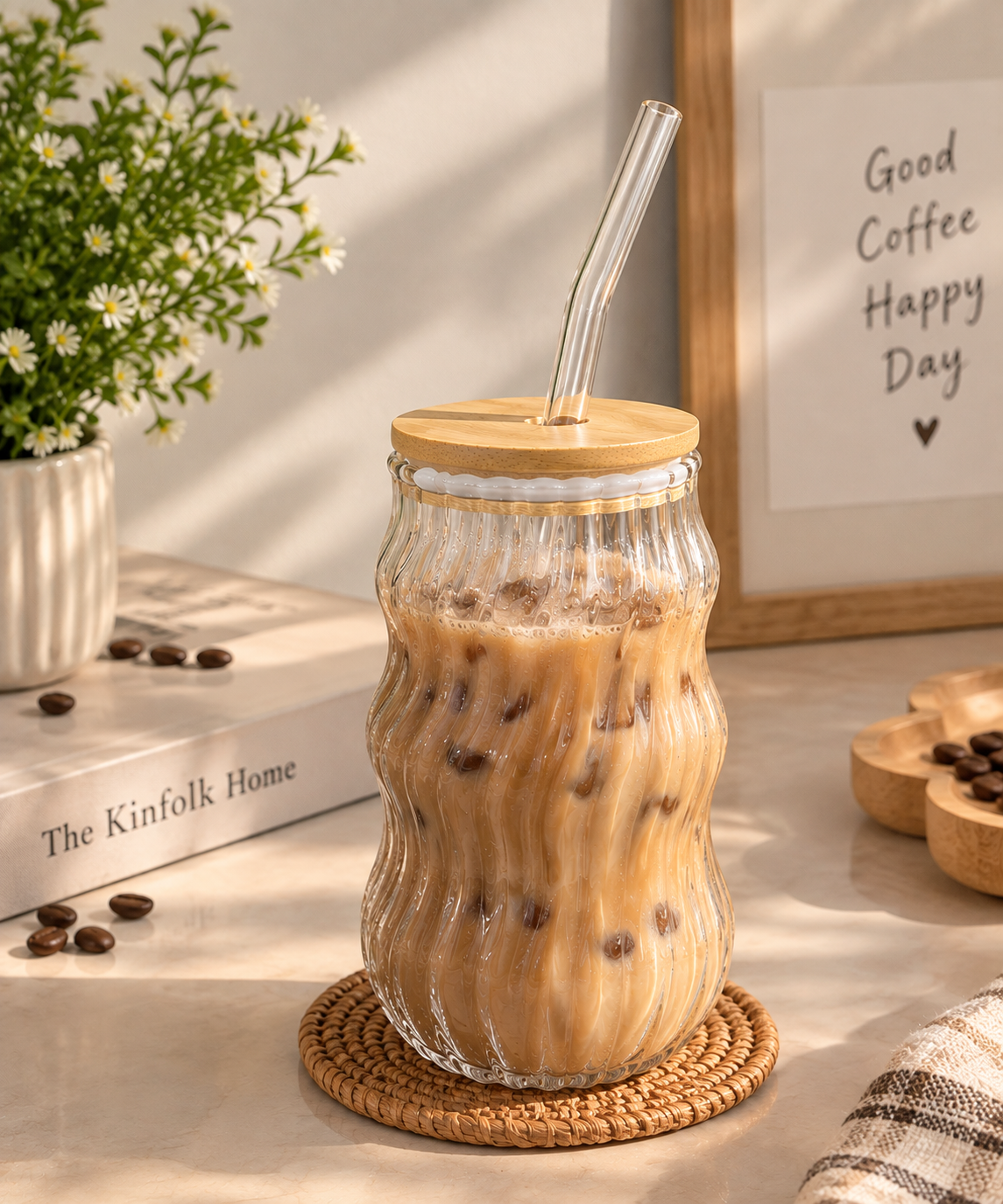 Wavy Ribbed Glass Coffee Mug with Bamboo Lid & Glass Straw – Aesthetic Iced Coffee Mug ☕✨