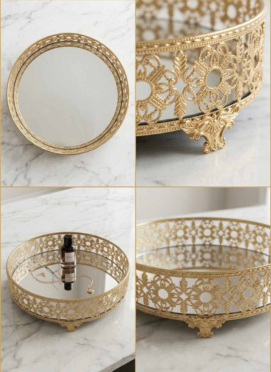 Luxury Gold Filigree Mirrored Decorative Tray | Vanity & Centerpiece Display Tray