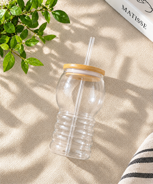 Fluted Glass Cup with Bamboo Lid & Straw | Aesthetic Iced Coffee Tumbler for Cold Drinks