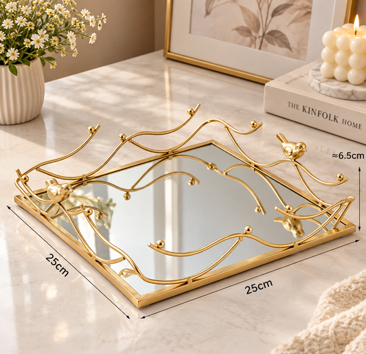 Luxury Gold Mirrored Decorative Tray Set of 2 | Elegant Bird & Branch Design | Vanity, Coffee Table & Home Décor Trays