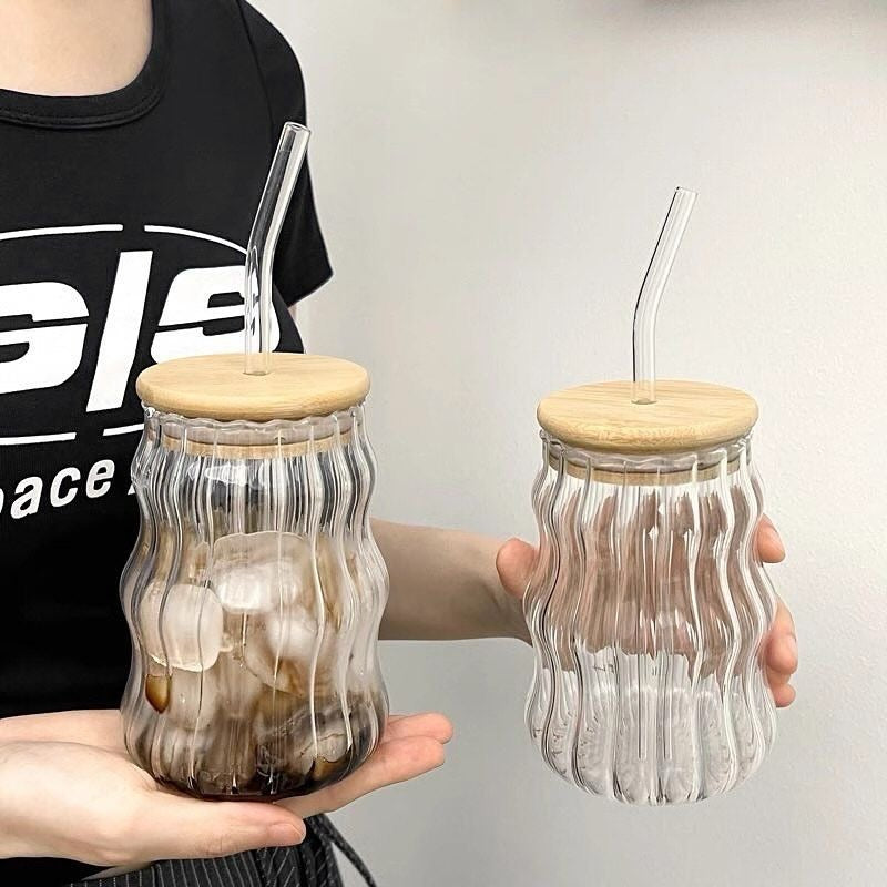 Wavy Ribbed Glass Coffee Mug with Bamboo Lid & Glass Straw – Aesthetic Iced Coffee Mug ☕✨