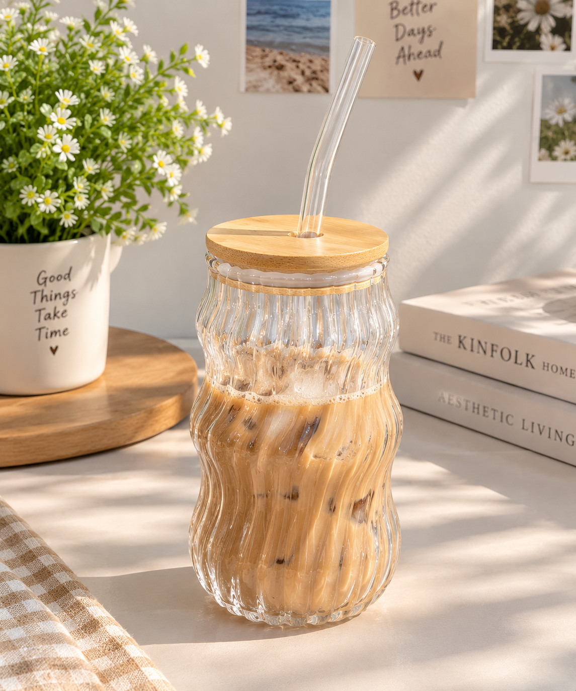 Wavy Ribbed Glass Coffee Mug with Bamboo Lid & Glass Straw – Aesthetic Iced Coffee Mug ☕✨