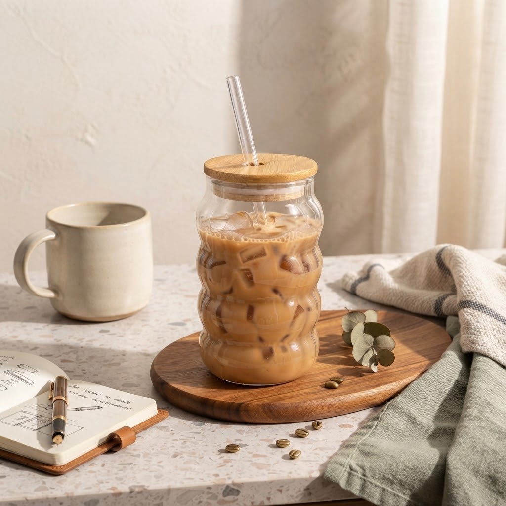 Bubble Shape Glass Tumbler with Bamboo Lid & Glass Straw – Aesthetic Iced Coffee Cup