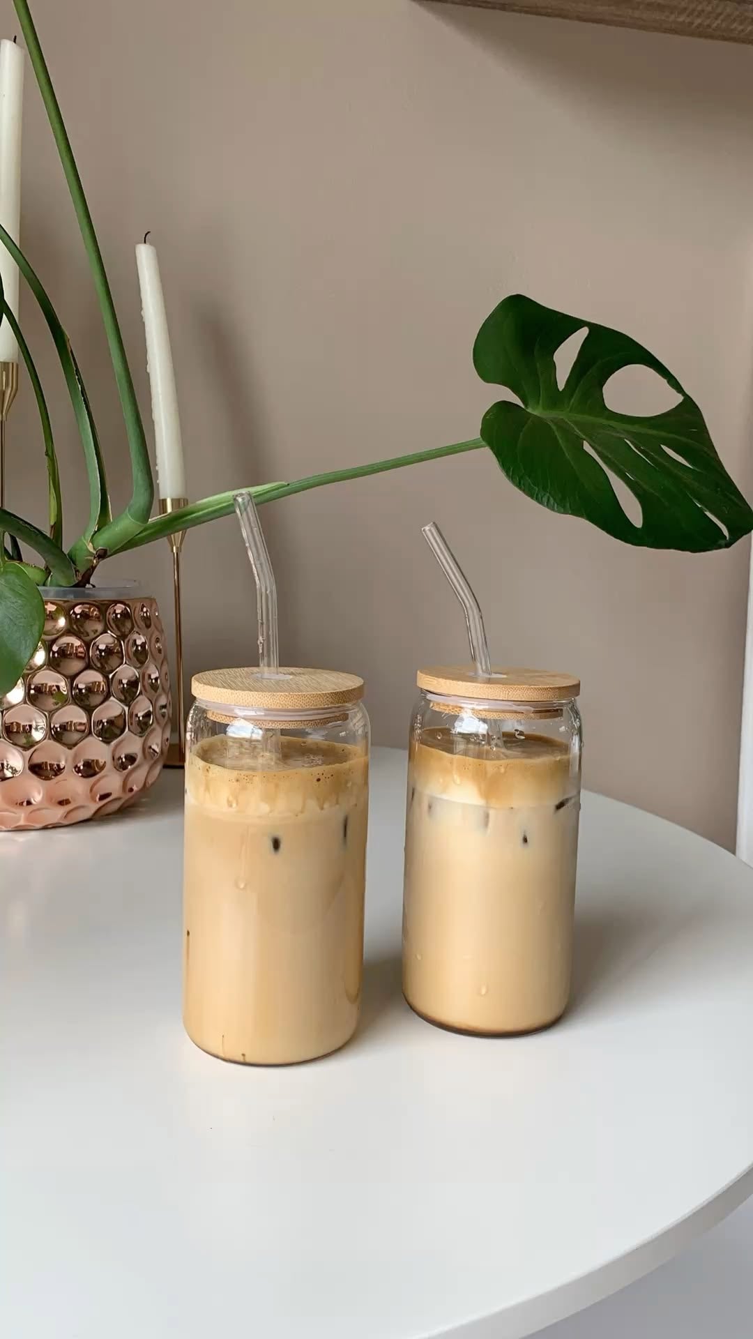 Aesthetic Glass Coffee Mug with Bamboo Lid & Glass Straw