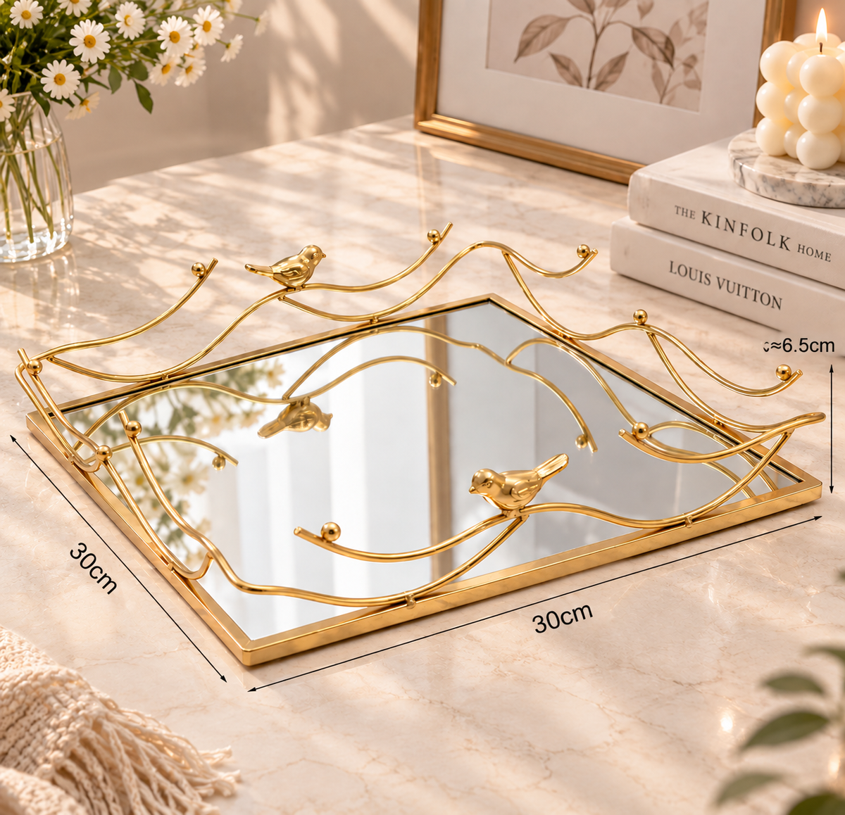 Luxury Gold Mirrored Decorative Tray Set of 2 | Elegant Bird & Branch Design | Vanity, Coffee Table & Home Décor Trays
