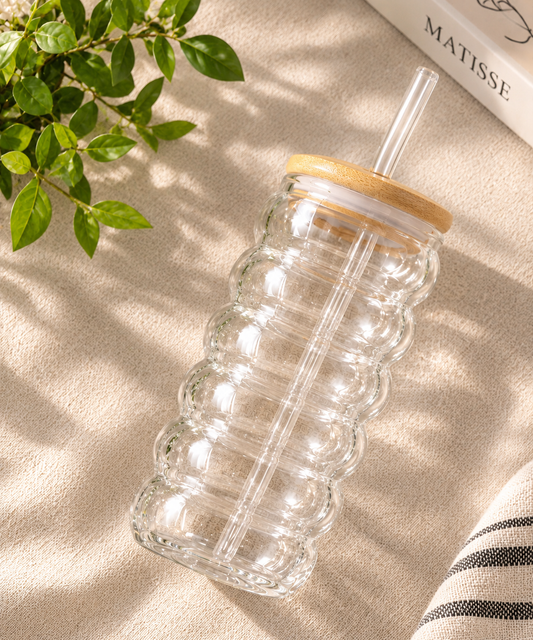 Bubble Glass Coffee Mug with Bamboo Lid & Glass Straw – Aesthetic Reusable Iced Coffee Cup ☕🌿