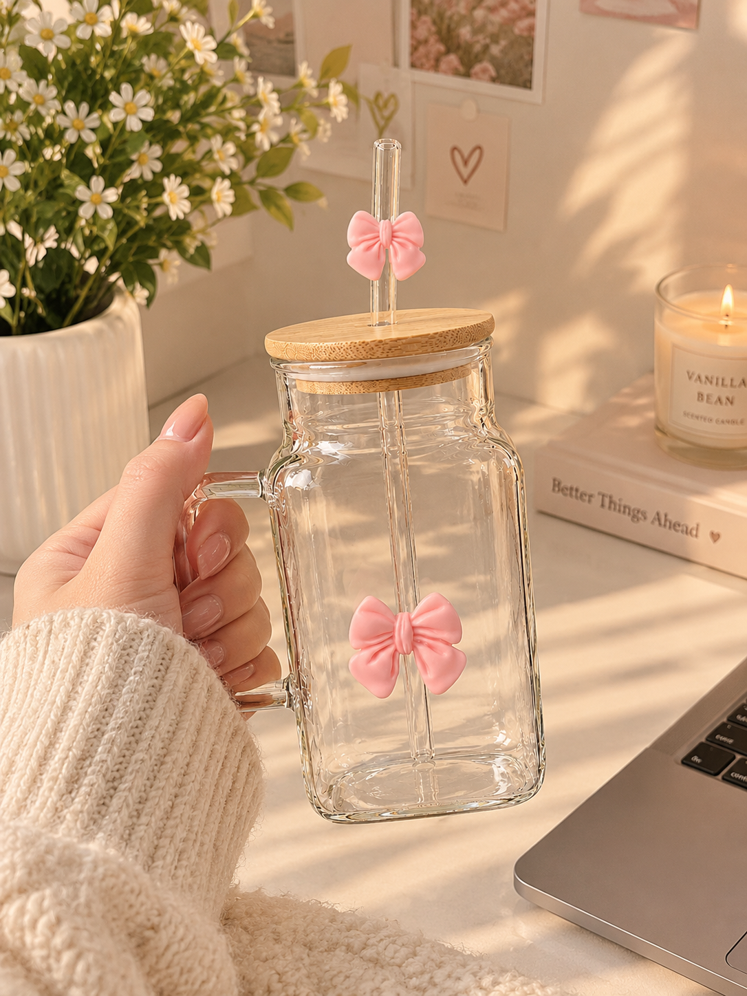 Pink Bow Glass Coffee Mug with Bamboo Lid & Glass Straw | Aesthetic Coffee Cup