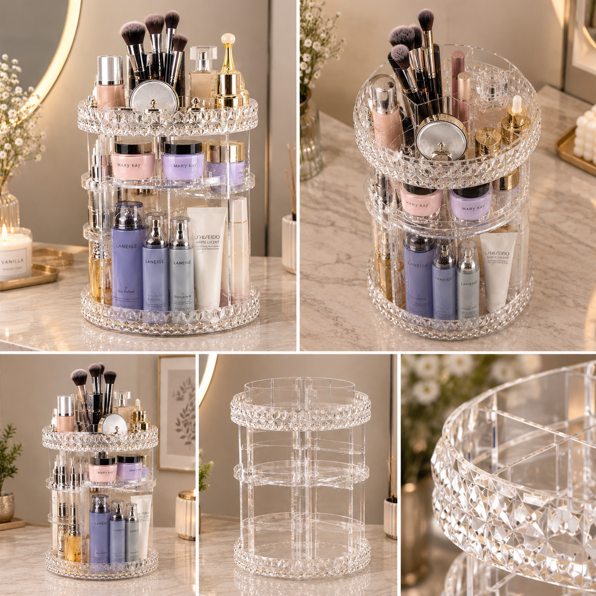 360° Rotating Diamond Pattern Cosmetic Organizer – Multi-Layer Acrylic Makeup & Skincare Storage Box