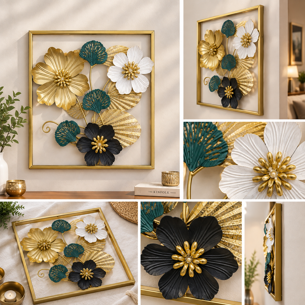Luxury 3D Floral Metal Wall Art | Gold, Black & White Modern Wall Décor
