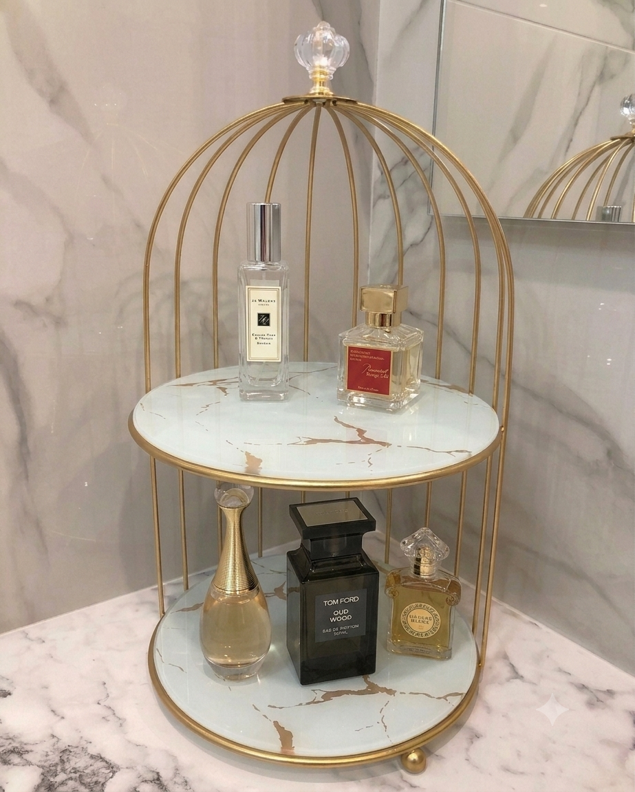 Luxury Gold Birdcage Marble Display Stand | 2-Tier Vanity Organizer & Home Decor