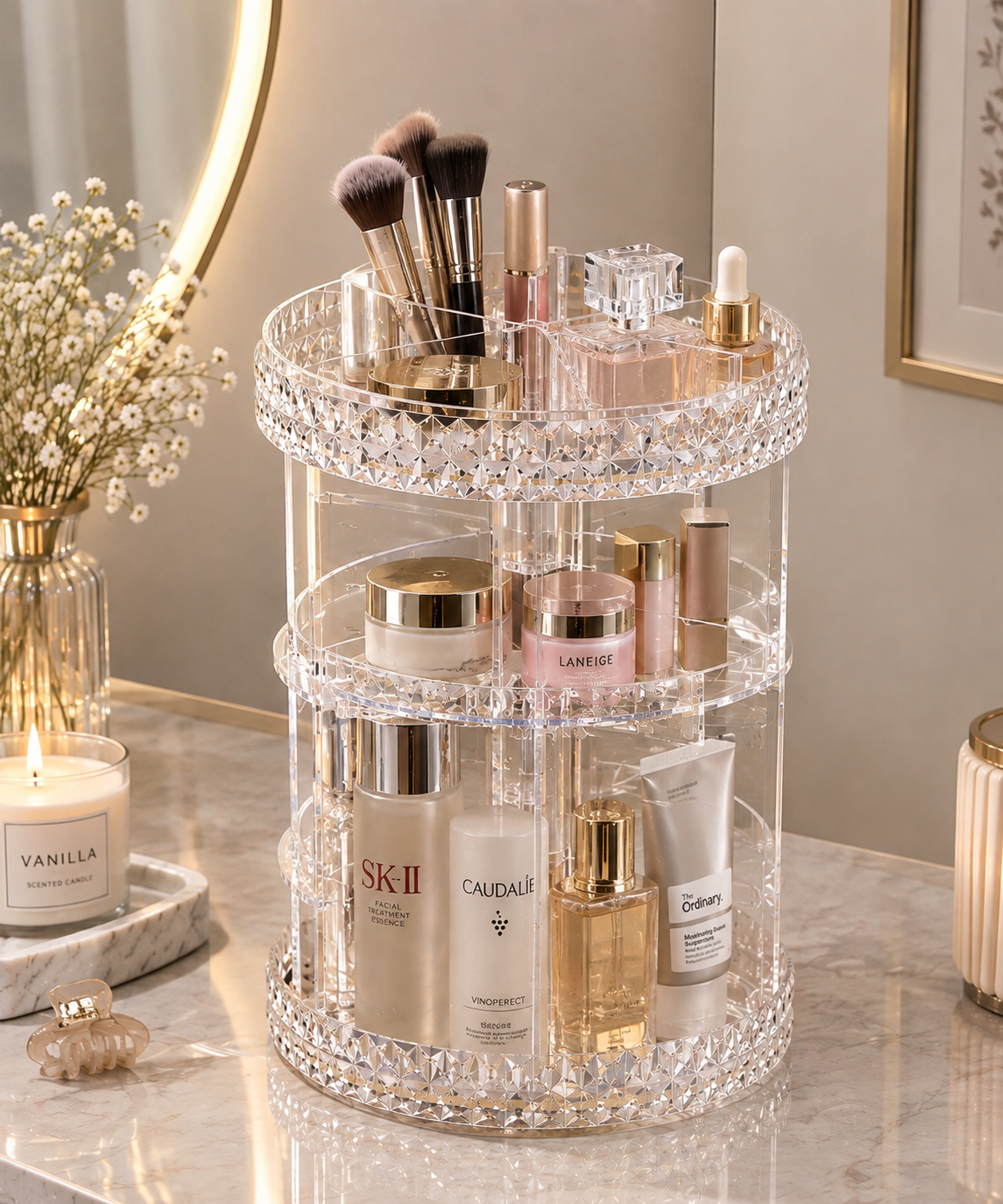 360° Rotating Diamond Pattern Cosmetic Organizer – Multi-Layer Acrylic Makeup & Skincare Storage Box