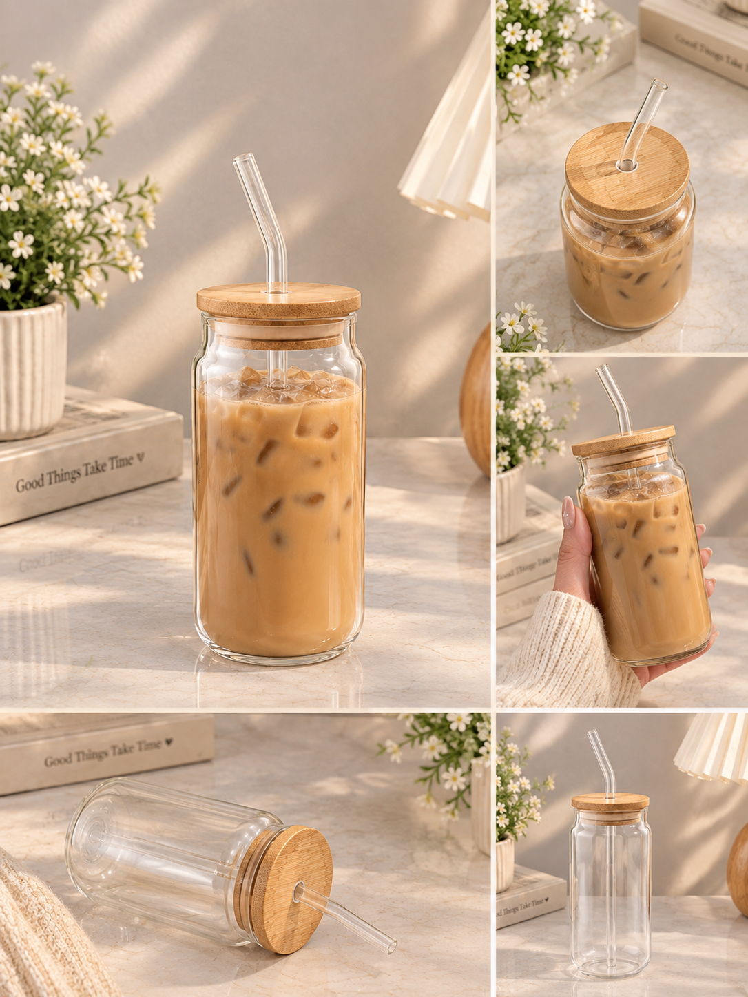 Aesthetic Glass Coffee Mug with Bamboo Lid & Glass Straw