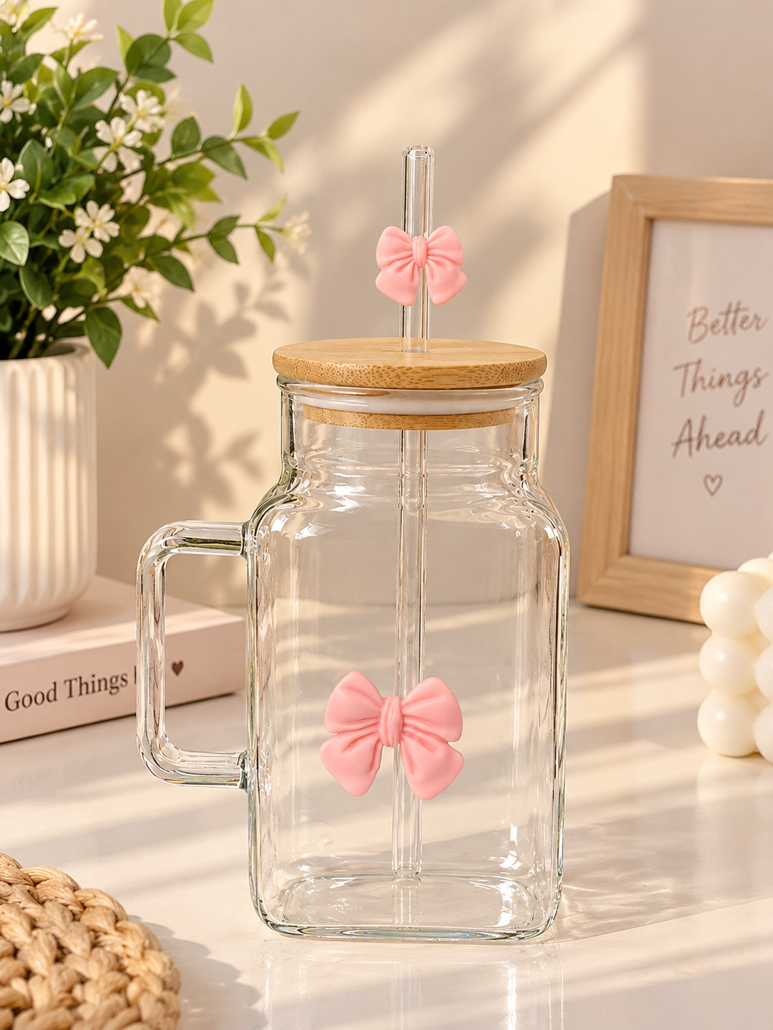 Pink Bow Glass Coffee Mug with Bamboo Lid & Glass Straw | Aesthetic Coffee Cup